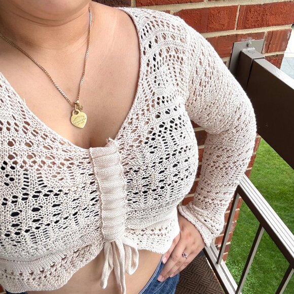 Boho Cream Crochet Knit Crop Sweater Top Size XL Sky and Sparrow Long Sleeve - Picture 10 of 10